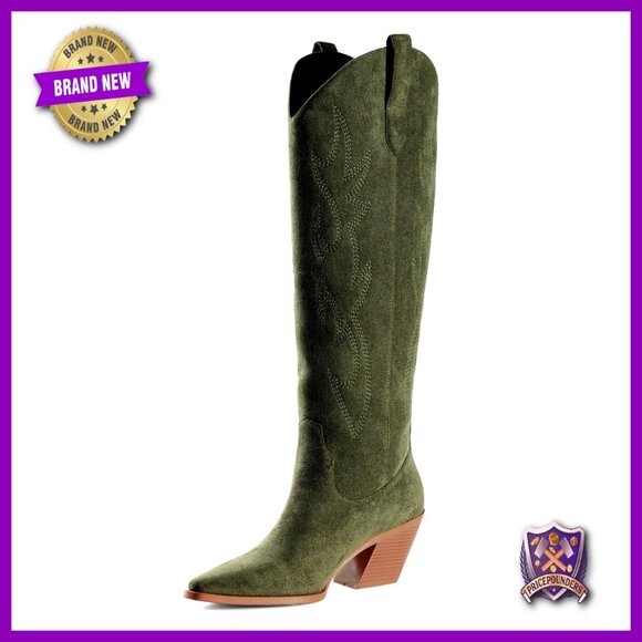 Shoes - Knee High Cowboy Boots Pointed Toe Block Heel Suede Faux Leather